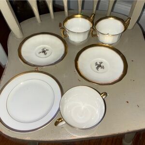 Limoges. Double handle soup cups w saucer plus